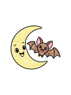 Crescent Moon and Bat Coloring Page colored with AI in crayon style