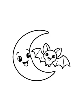 A smiling crescent moon with a bat.
