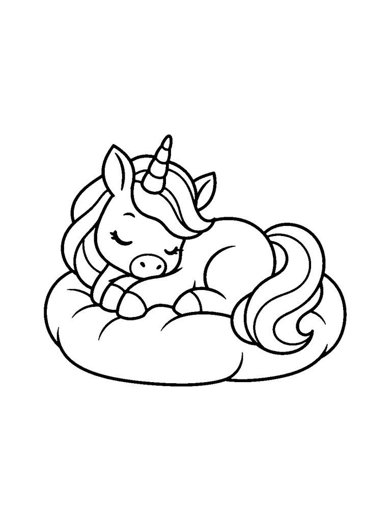 A sleeping unicorn curled up on a cushion.