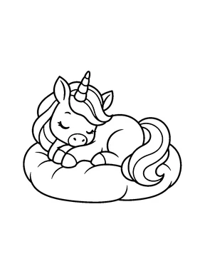 A sleeping unicorn curled up on a cushion.
