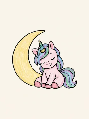 Unicorn and Crescent Moon Coloring Page, colored example