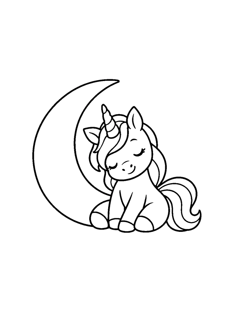 A unicorn sitting beside a crescent moon.
