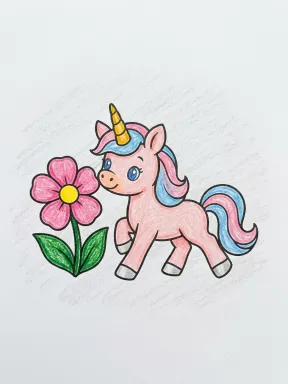 Trotting Unicorn Coloring Page colored with AI in crayon style