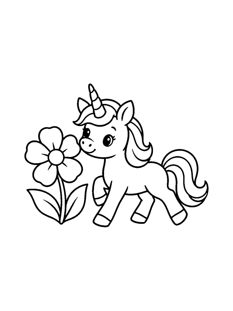 A unicorn trotting beside a large flower.