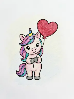Unicorn with a Heart Balloon Coloring Page colored with AI in crayon style