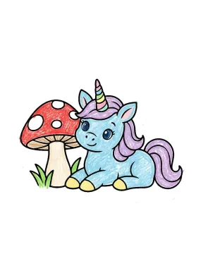 Unicorn by a Big Mushroom Coloring Page colored with AI in crayon style