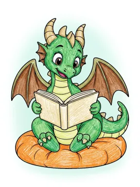 Dragon Reading a Book Coloring Page, colored example