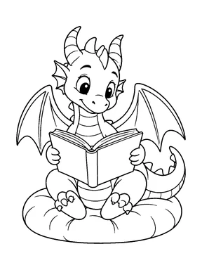 A cute dragon reads an open book while sitting on a cushion.