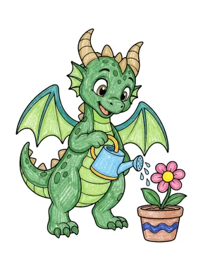 Dragon Watering a Flower Coloring Page colored with AI in crayon style