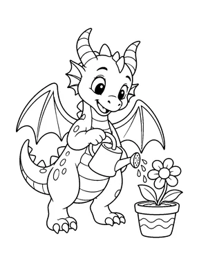 A cute dragon waters a flower in a pot with a small watering can.