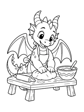 A cute dragon kneads dough at a low table with a bowl nearby.