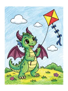 Dragon Flying a Kite Coloring Page colored with AI in crayon style