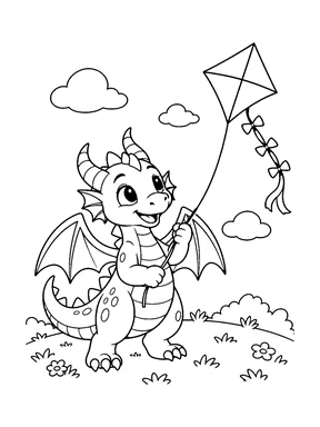 A cute dragon holds the string of a kite flying above it.