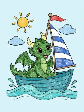 Dragon in a Sailboat Coloring Page, colored example