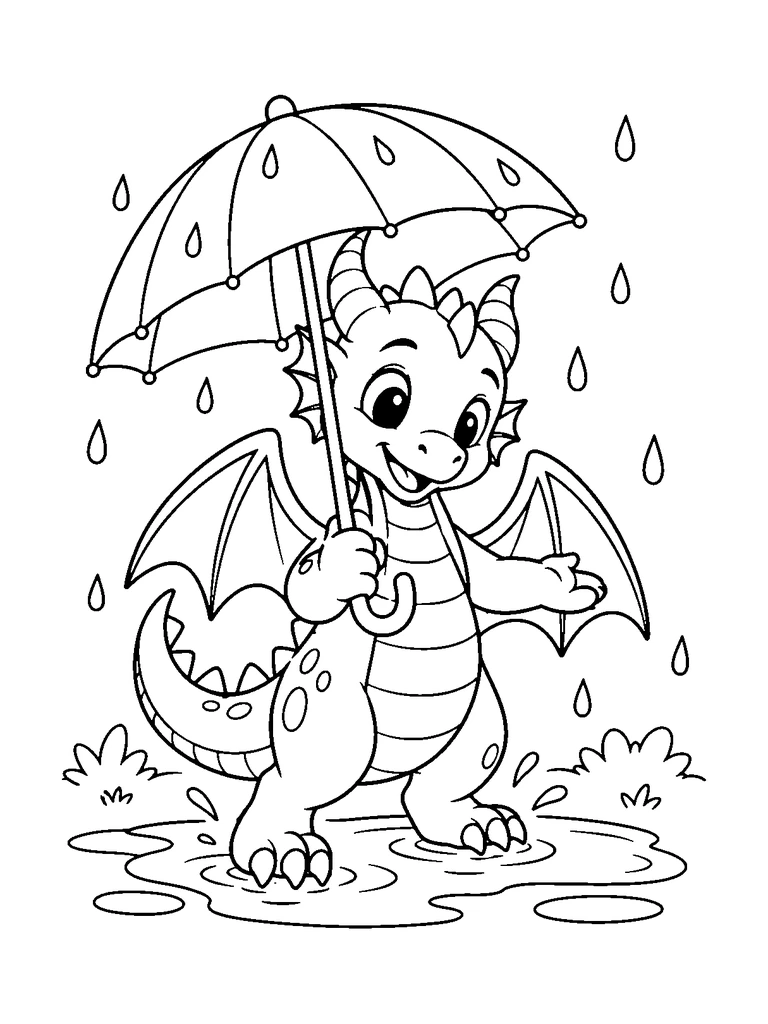A cute dragon holds an umbrella beside a shallow puddle.