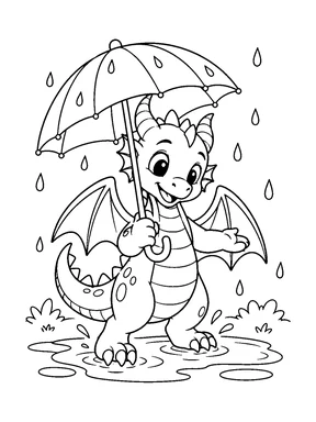 A cute dragon holds an umbrella beside a shallow puddle.