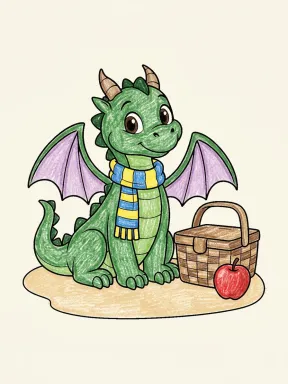 Dragon Picnic Basket Coloring Page colored with AI in crayon style