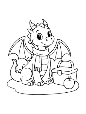 A scarf-wearing dragon sits beside a picnic basket and an apple.