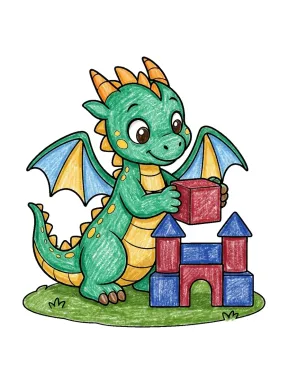 Dragon Building a Castle Coloring Page colored with AI in crayon style