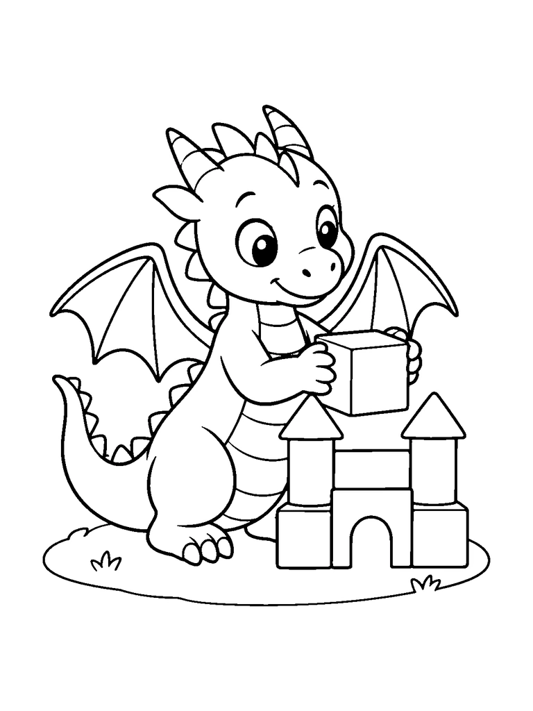 A cute dragon stacks toy blocks into a little castle.