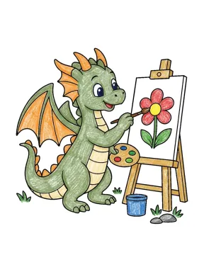 Dragon Painting a Flower Coloring Page colored with AI in crayon style