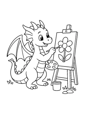 A cute dragon paints a flower on an easel with a brush and palette.