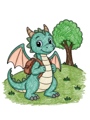 Dragon with a Backpack Coloring Page colored with AI in crayon style