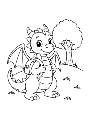 A smiling dragon wears a backpack near a tree on a small hill.
