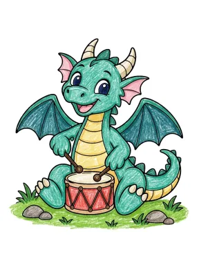 Dragon Playing a Drum Coloring Page colored with AI in crayon style