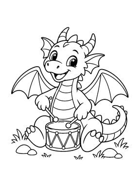 A happy dragon plays a small drum with two drumsticks.