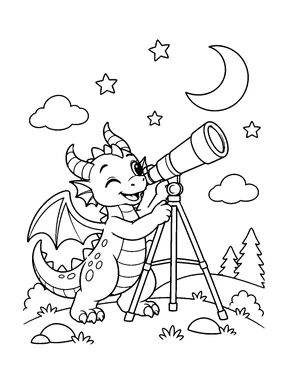 A cute dragon looks through a telescope toward a crescent moon and stars.