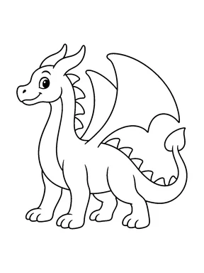 A friendly dragon stands in side view with its wings and curved tail visible.