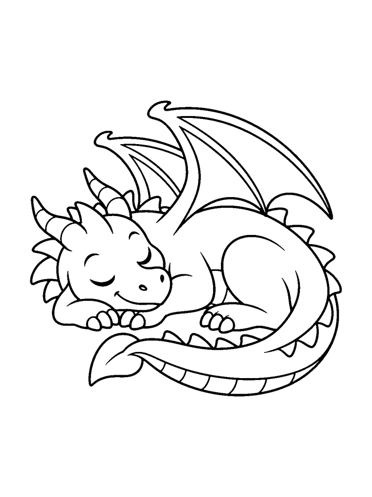 A little dragon sleeps in a curl with its head resting near its tail.
