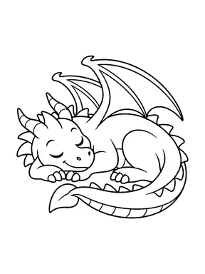 A little dragon sleeps in a curl with its head resting near its tail.