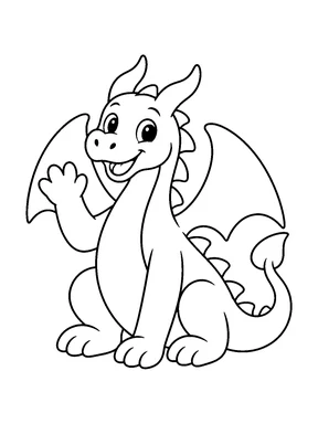A smiling dragon sits upright and waves one forepaw.