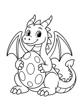 A friendly dragon holds a large egg between its front paws.