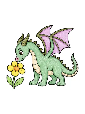 Dragon Sniffing a Flower Coloring Page colored with AI in crayon style