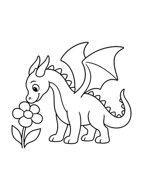 A dragon lowers its head to smell a flower.