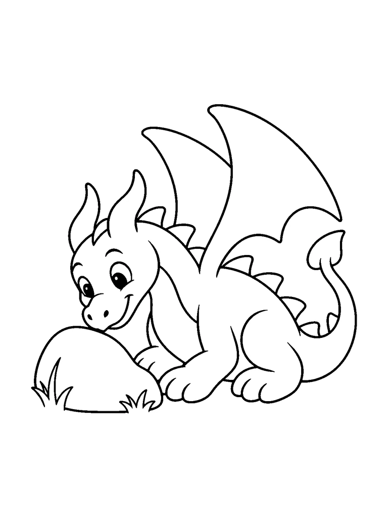 A small dragon crouches beside a smooth rock.