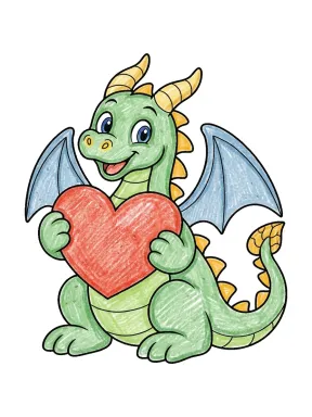 Dragon Holding a Heart Coloring Page colored with AI in crayon style