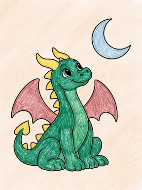Dragon Watching the Moon Coloring Page colored with AI in crayon style