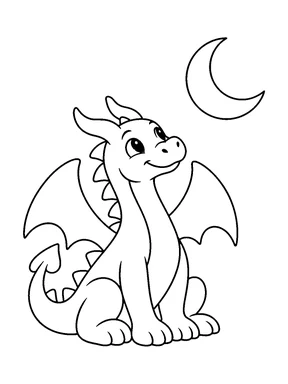 A seated dragon looks up at a crescent moon.