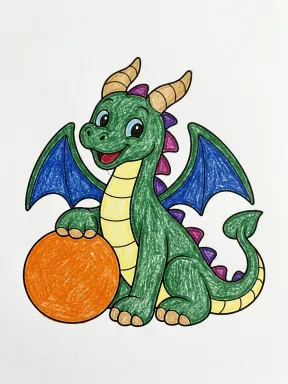 Dragon Beside a Ball Coloring Page colored with AI in crayon style