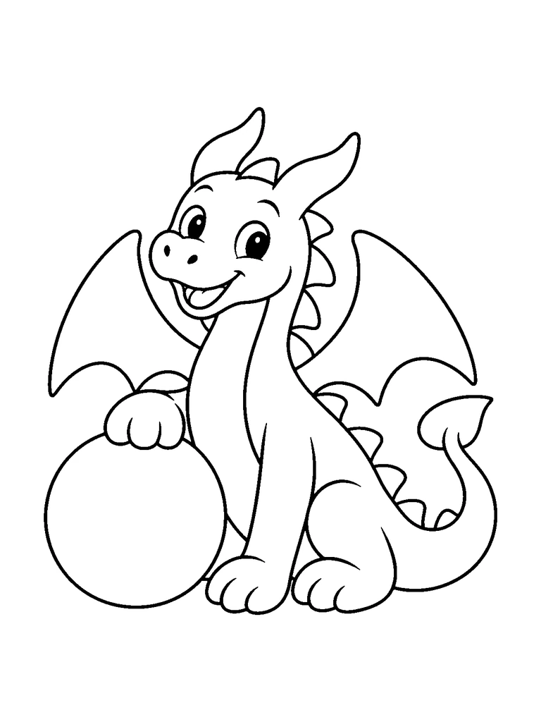 A seated dragon curls its tail beside a plain ball.