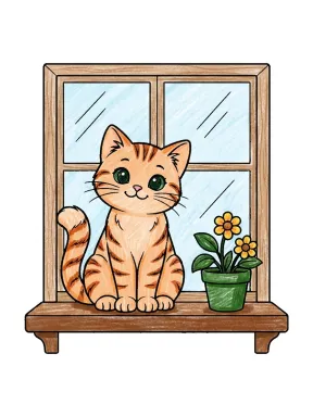 Cat on a Window Ledge Coloring Page colored with AI in crayon style