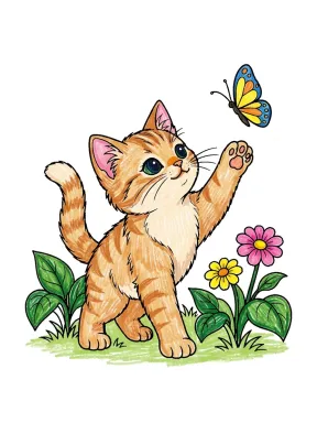 Cat in a Butterfly Garden Coloring Page colored with AI in crayon style
