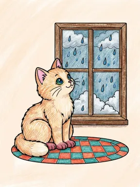 Cat Watching the Rain Coloring Page colored with AI in crayon style