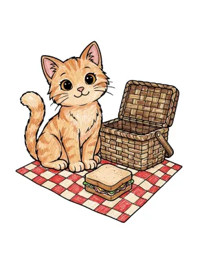 Cat at a Picnic Coloring Page colored with AI in crayon style