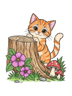 Cat by a Tree Stump Coloring Page colored with AI in crayon style