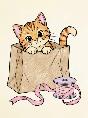 Cat in a Paper Bag Coloring Page colored with AI in crayon style